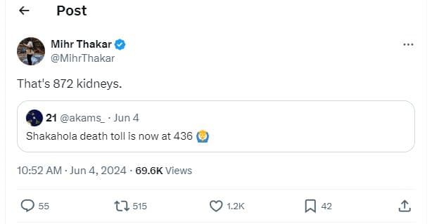 Post mihr thakar mihrthakar that's 872 kidneys_ 21 akams jun 4 shakahola death t