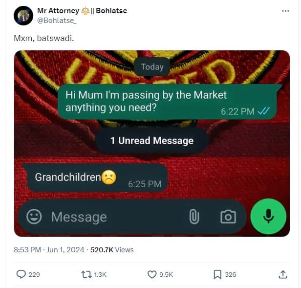 Mr attorney bohlatse bohlatse mxm, batswadi. today hi mum i'm passing by the mar