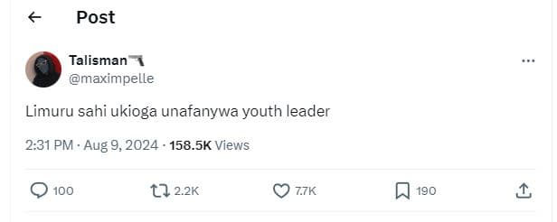 Post talisman maximpelle limuru sahi ukioga unafanywa youth leader 2.31 pm aug 9