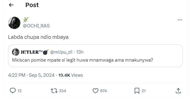 Post ochi_ras labda chupa ndio mbaya hitlerti mlipu_zii 13h mkiscan pombe mpate