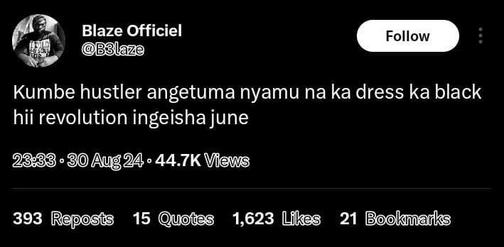Blaze officiel bblaze follow kumbe hustler angetuma nyamu na ka dress ka black h