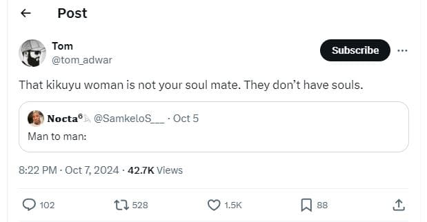 Post tom ton_adwar subscribe that kikuyu woman is not your soul mate. they don't