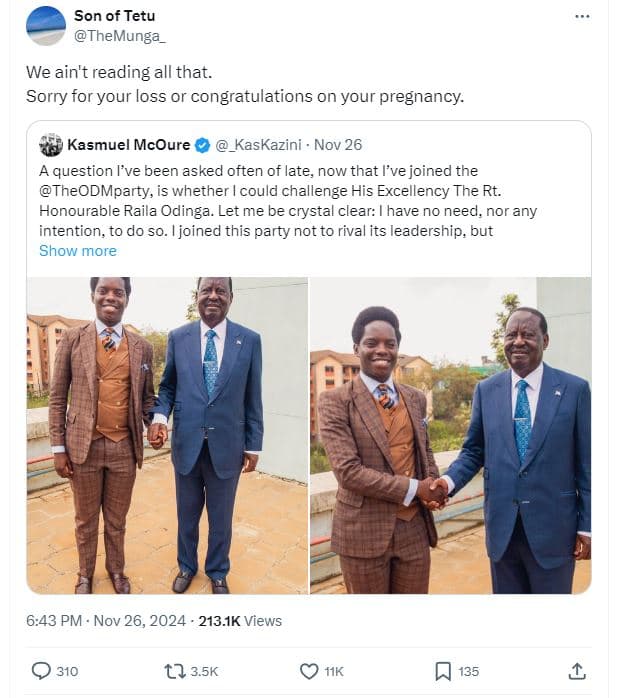 Son of tetu themunga we ain't reading all that. sorry for your loss or congratul