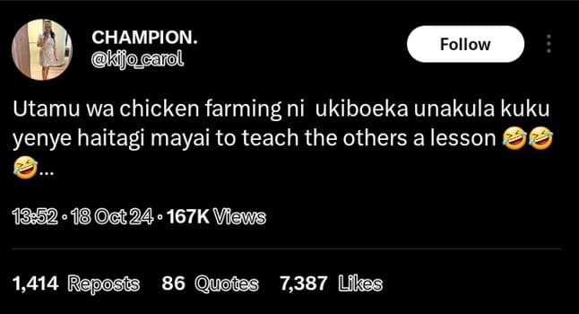 Champion. kijocarol follow utamu wa chicken farming ni ukiboeka unakula kuku yen