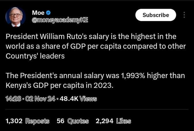 Moe moneyacademyke subscribe president william ruto's salary is the highest in t