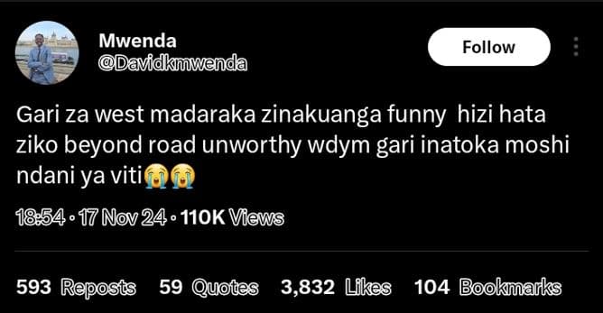 Mwenda davidkmmwenda follow gari za west madaraka zinakuanga funny hizi hata zik