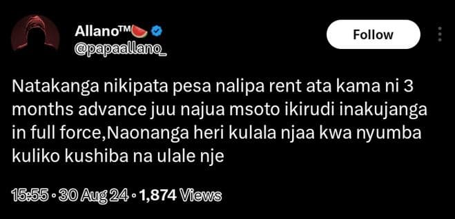 Allanotmc apaallano follow natakanga nikipata pesa nalipa rent ata kama ni 3 mon