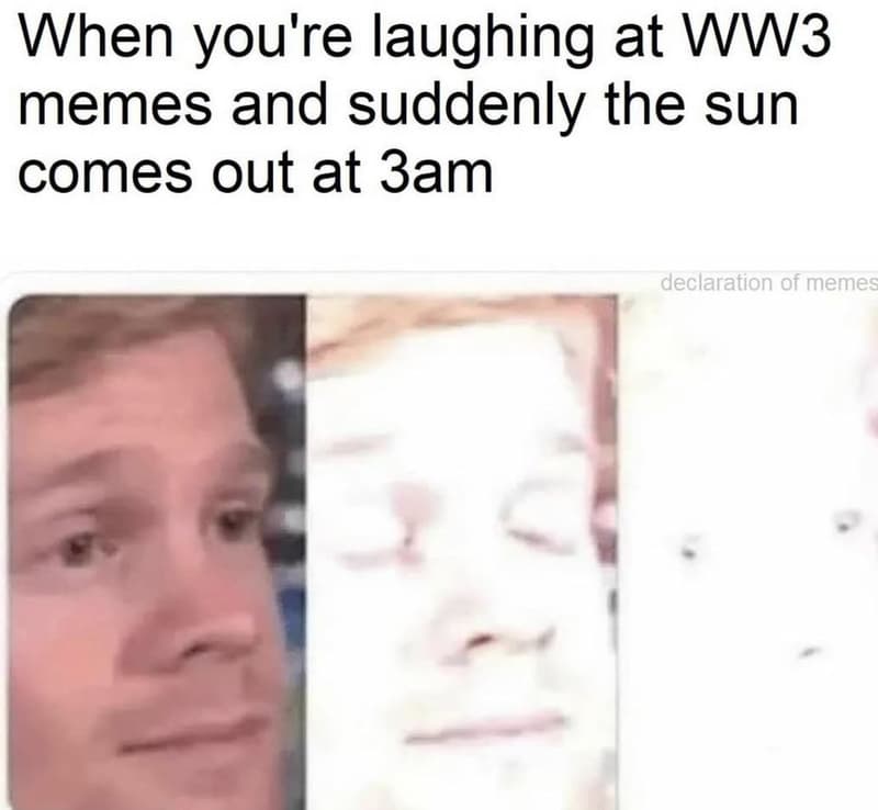When you're laughing at ww3 memes and suddenly the sun comes out at 3am declarat