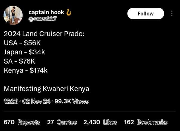 Captain hook u owenkk7 follow land cruiser prado usa 56k japan 834k sa 76k kenya