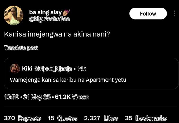 Ba sing slay jutasheilaa follow kanisa imejengwa na akina nani? translate post k