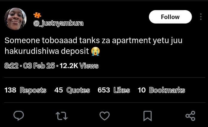 Follow hjustnyambura someone toboaaad tanks za apartment yetu juu hakurudishiwa