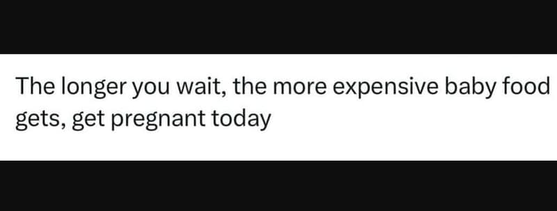 The longer you wait the more expensive baby food gets, get pregnant today