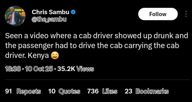 Chris sambu thesambu follow seen a video where a cab driver showed up drunk and