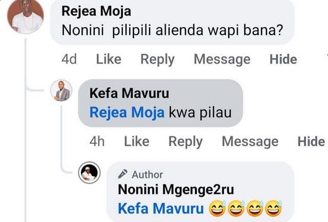 Rejea moja nonini pilipili alienda wapi bana? 4d like reply message hide kefa ma