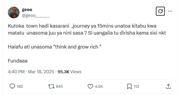 Geoo ge0o kutoka town hadi kasarani journey ya 15mins unatoa kitabu kwa matatu u
