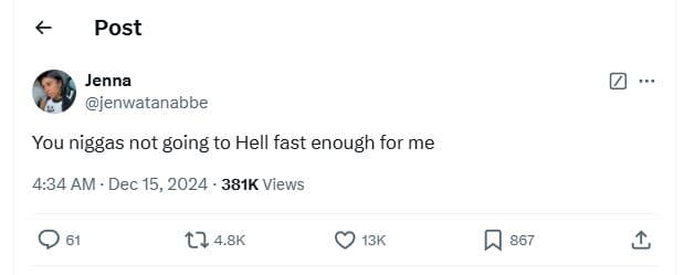 Post jenna jenwatanabbe you niggas not going to hell fast enough for me 4.34 am