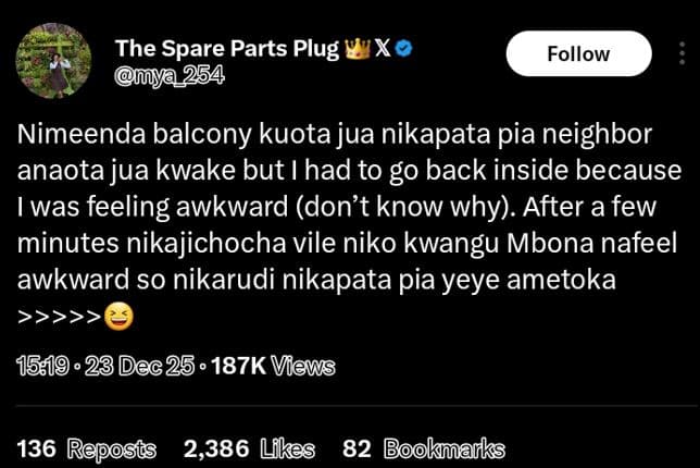 The spare parts plug x lya 254 follow nimeenda balcony kuota jua nikapata pia ne
