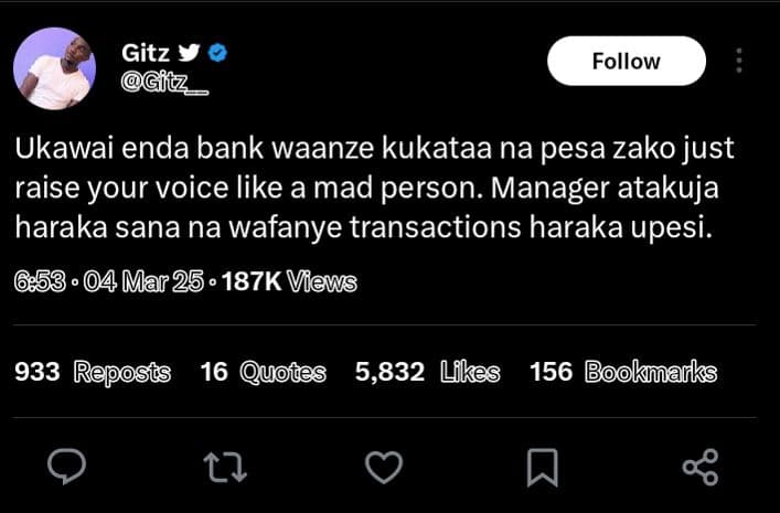 Gitz gitz follow ukawai enda bank waanze kukataa na pesa zako just raise your vo