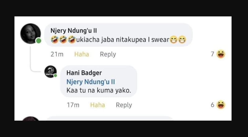 Njery ndung'u il ukiacha jaba nitakupea swear 21m haha reply hani badger njery n