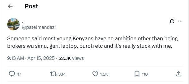 Post patelmandazi someone 'said most young kenyans have no ambition other than b