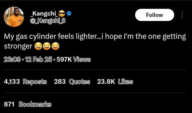 Kangchi kangchi follow my gas cylinder feels lighter_i hope i'm the one getting