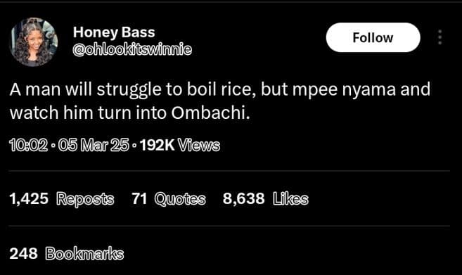Honey bass hlookitswinnie follow a man will struggle to boil rice, but mpee nyam