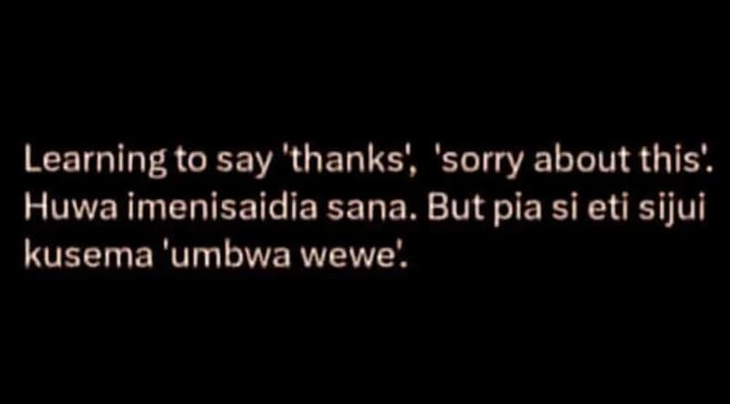 Learning to say 'thanks' ' 'sorry about this huwa imenisaidia sana. but pia si e