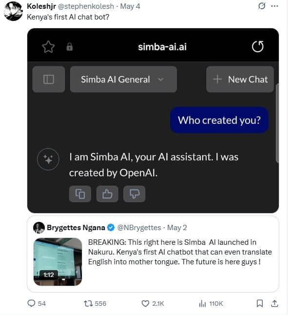 Koleshjr stephenkolesh may kenya's first al chat bot? simbaai.ai simba al genera