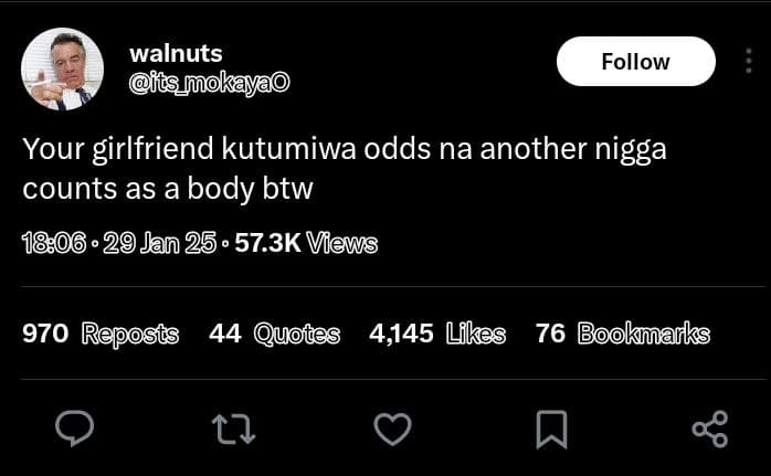Walnuts dfis_mmokayao follow your girlfriend kutumiwa odds na another nigga coun