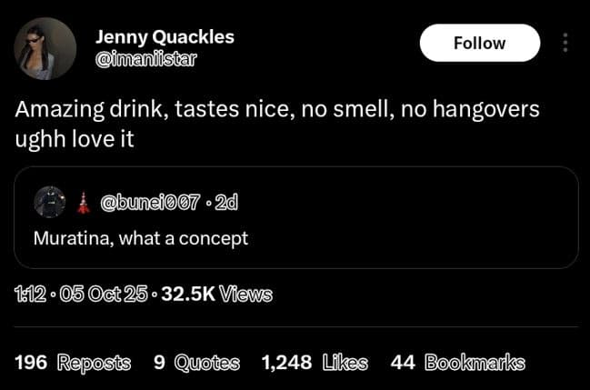 Jenny quackles imanfisiar follow amazing drink, tastes nice, no smell, no hangov