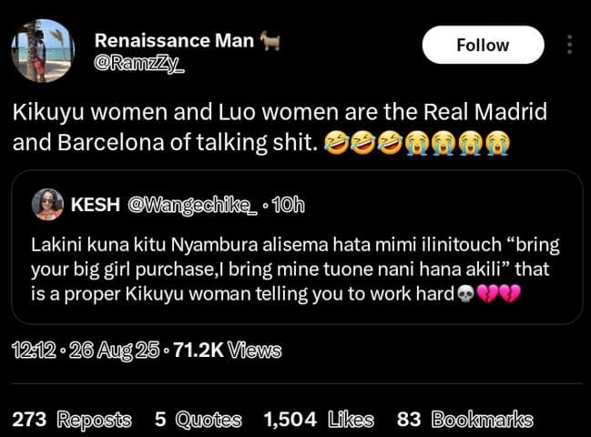 Renaissance man ran7y follow kikuyu women and luo women are the real madrid and