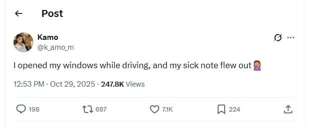 Post kamo k_amo_m fopened my windows while driving, and my sick note flew out 12