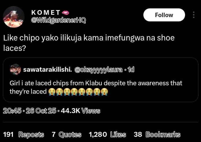 Komet wildgaidenerh follow like chipo yako ilikuja kama imefungwa na shoe laces?
