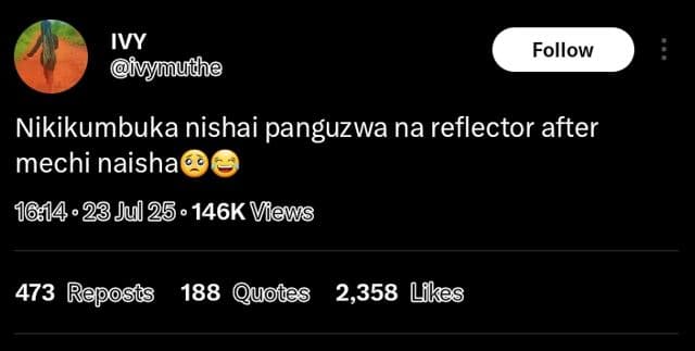 Ivy ivymudhe follow nikikumbuka nishai panguzwa na reflector after mechi naisha
