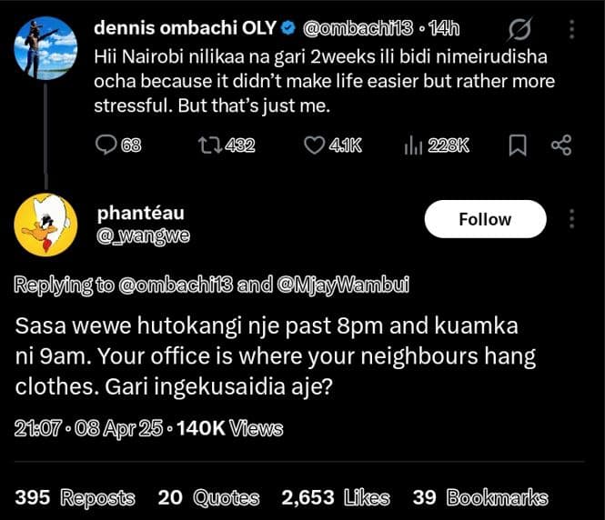 Dennis ombachi oly odbachií3 hh hii nairobi nilikaa na gari 2weeks ili bidi nime