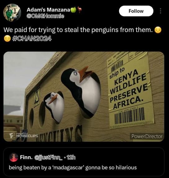 Adam's manzana mghommie follow we paid for trying to steal the penguins from the