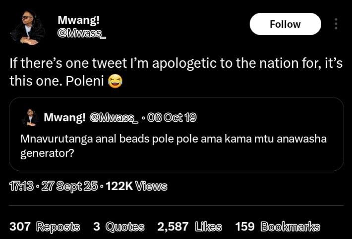Mwang! mwas follow if there's one tweet 'm apologetic to the nation for its this