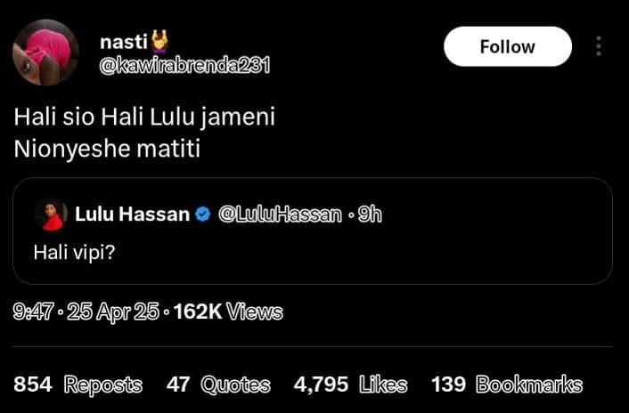 Nasti kawirabrenda2g1 follow hali sio hali lulu jameni nionyeshe matiti lulu has