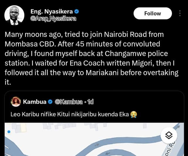 Eng. nyasikera yia nyasikera follow many moons ago, tried to join nairobi road f