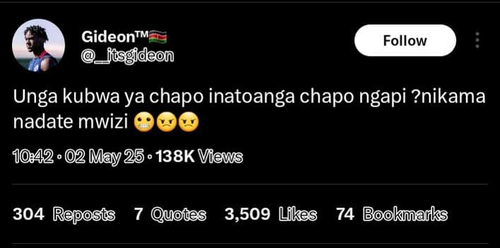 Gideon m eon follow unga kubwa ya chapo inatoanga chapo ngapi ?nikama nadate mwi