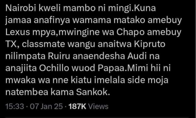 Nairobi kweli mambo ni mingi kuna jamaa anafinya wamama matako amebuy lexus mpya