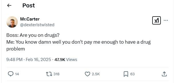 Post mr.carter dexteristwisted boss are you on drugs? me you know damn well you