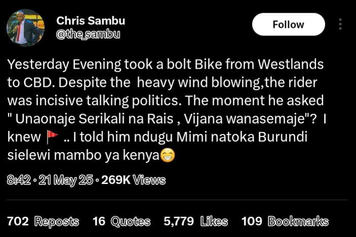 Chris sambu thesambu follow yesterday evening took a bolt bike from westlands to