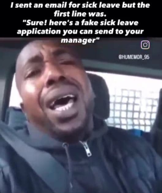 1 sent an email for sick leave but the first line was. sure! here'5 fake sick le