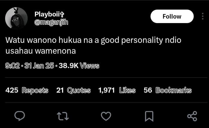 Playboiit njih follow watu wanono hukua na a good personality ndio usahau wameno