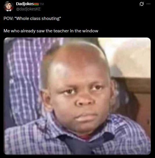 Dadjokes dadjokeske pov 'whole class shouting ' me who already saw the teacher i