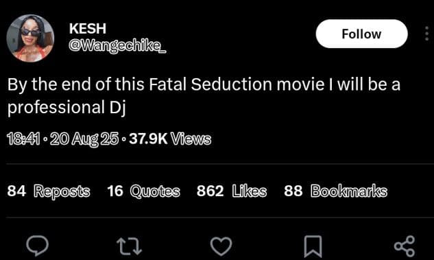 Kesh wangechike follow by the end of this fatal seduction movie i will be a prof