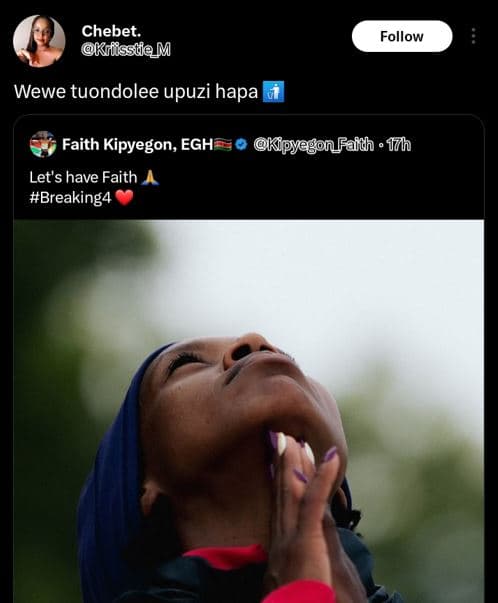 Chebet. krfisstem follow wewe tuondolee upuzi hapa faith kipyegon, egh let's hav