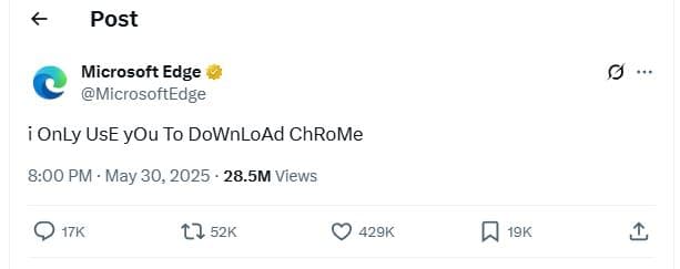 Post microsoft edge microsoftedge i only use you to download chrome 8.00 pm . ma
