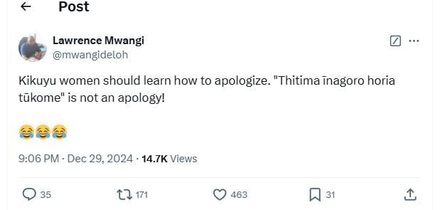 Post lawrence mwangi mwangideloh kikuyu women should learn how to apologize. thi